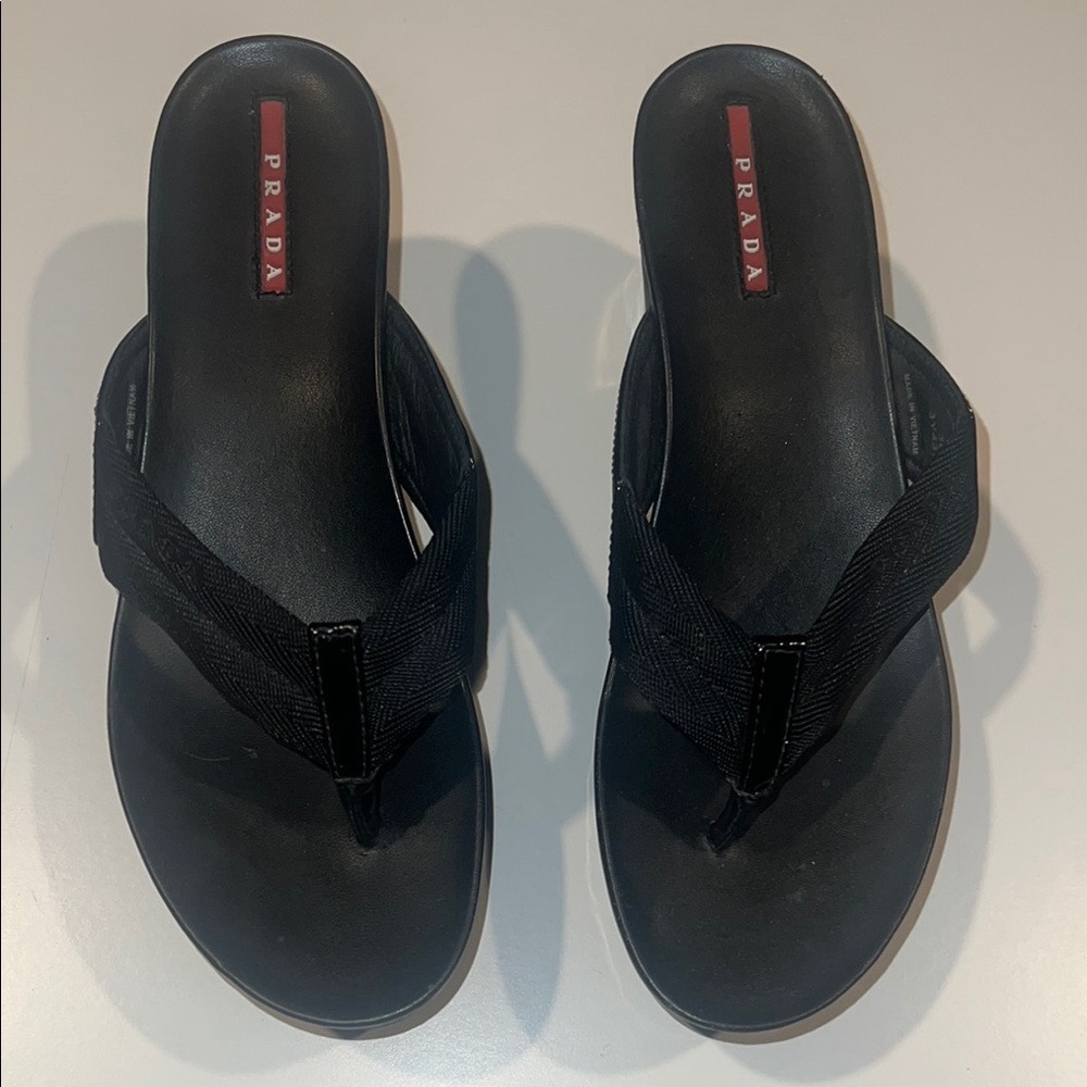 Prada Black Wedge Flip-Flip flop sandal size 38 new! No box - Picture 2 of 8
